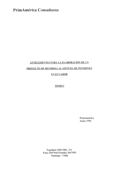 PORTADA ESTUDIO PARA LA REFORMA AL SISTEMA DE PENSIONES DE ECUADOR TOMO I